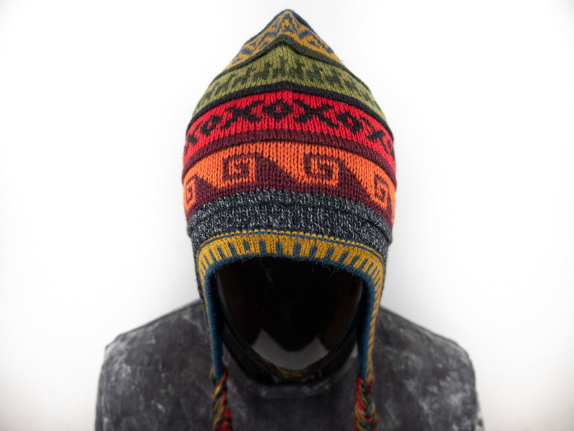 Alpaka Mütze 2in1 (Chullo) Anthrazit marmoriert mit diversen farbigen Mustern