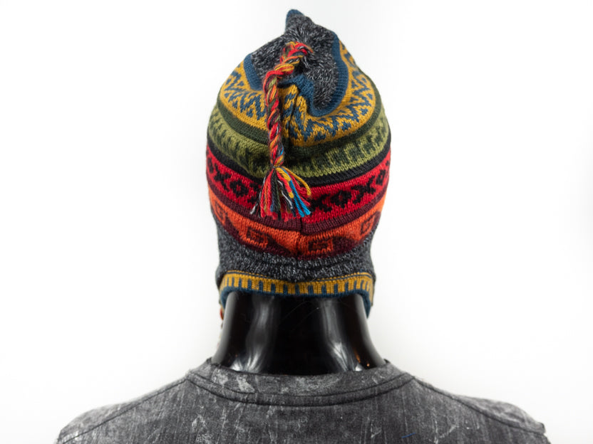 Alpaka Mütze 2in1 (Chullo) Anthrazit marmoriert mit diversen farbigen Mustern