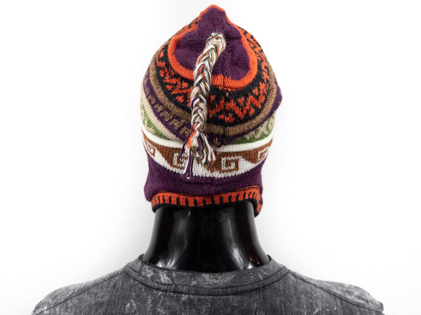 Alpaka Mütze 2in1 (Chullo) lila mit diversen farbigen Mustern