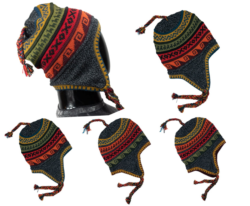 Alpaka Mütze 2in1 (Chullo) Anthrazit marmoriert mit diversen farbigen Mustern