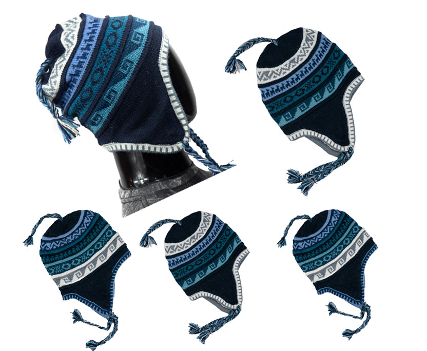 Alpaca Mütze 2in1 (Chullo) Schwarz mit diversen bläulichen Mustern