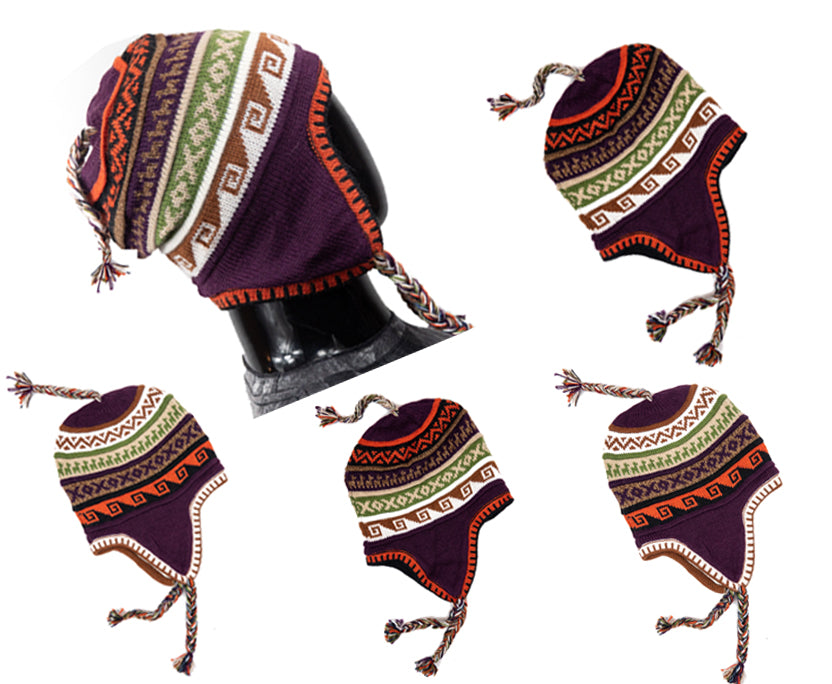 Alpaka Mütze 2in1 (Chullo) lila mit diversen farbigen Mustern