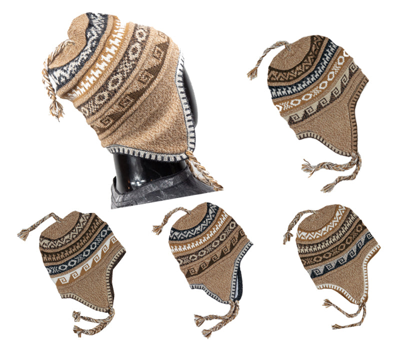 Alpaka Mütze 2in1 (Chullo) braun beige marmoriert mit diversen hell und dunkle Mustern