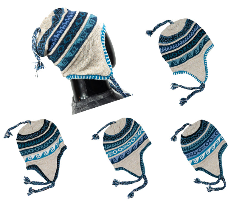 Alpaka Mütze 2in1 (Chullo) beige marmoriert mit diversen bläulichen Mustern