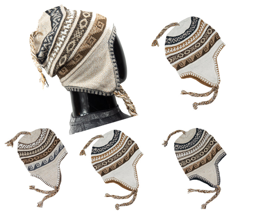 Alpaka Mütze 2in1 (Chullo) beige marmoriert mit diversen Mustern