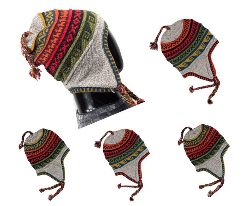 Alpaka Mütze 2in1 (Chullo) braun grau marmoriert mit diversen farbigen Mustern