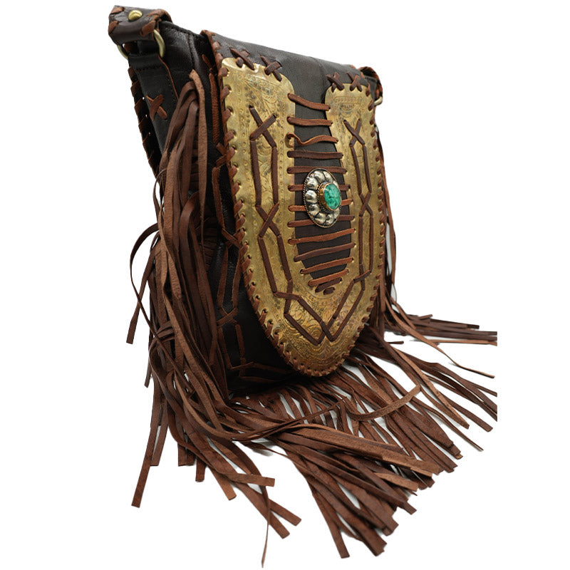 Leder-Umhängetasche mit langen Fransen & Boho-Details
