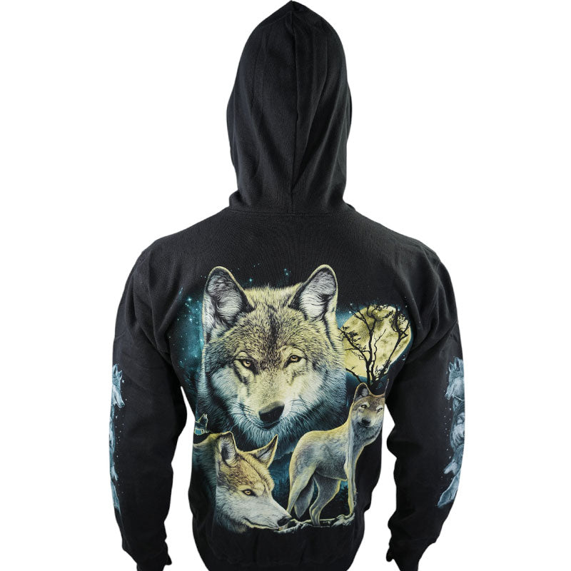 Hoodie „Full Moon Wolves“ – Schwarzer Kapuzenpullover mit Tiermotiv