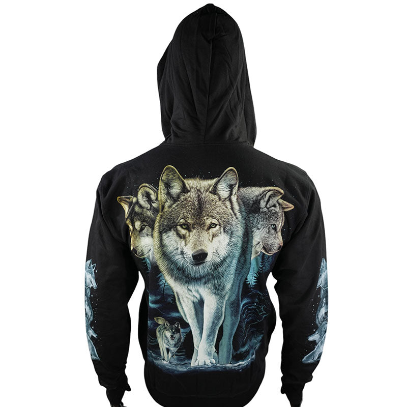 Hoodie „Wolf Pack“ – Schwarzer Zip-Hoodie mit Tiermotiv