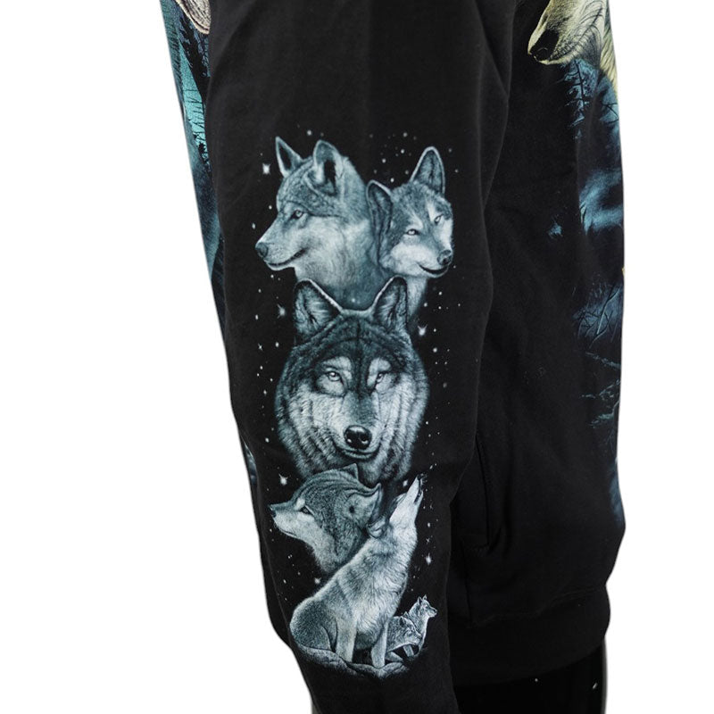 Hoodie „Wolf Pack“ – Schwarzer Zip-Hoodie mit Tiermotiv