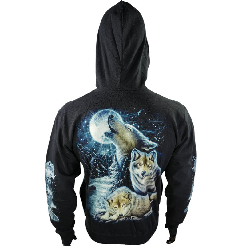„Moonhowl“ – Schwarzer Hoodie mit Wolf und Vollmond