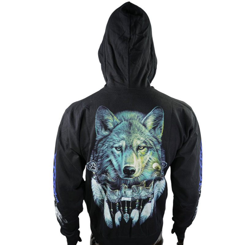 Zip-Hoodie mit Wolfsmotiv und Traumfänger – Ethno Spirit Design