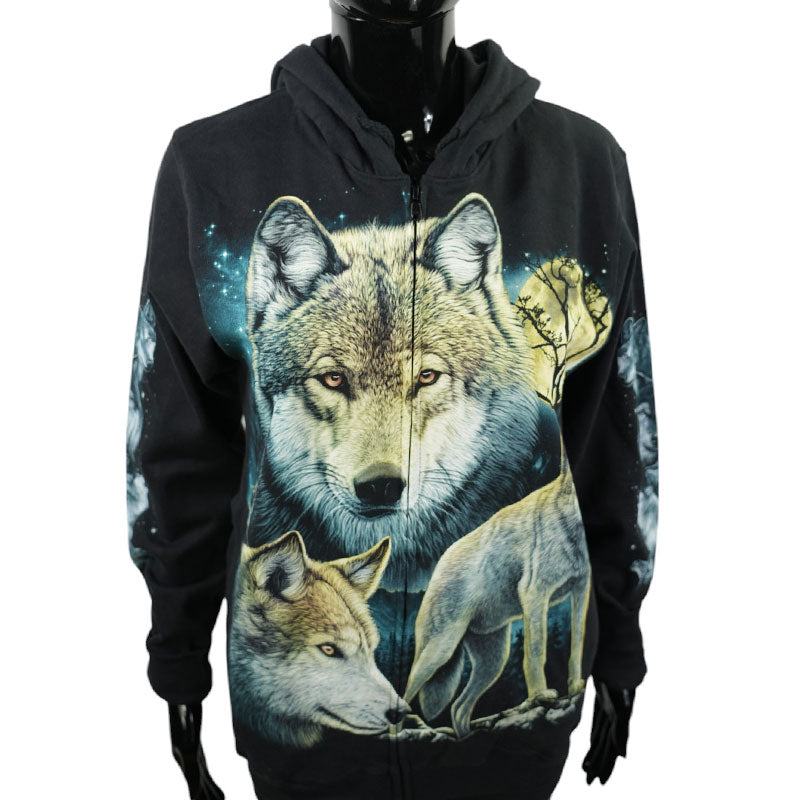 Hoodie „Full Moon Wolves“ – Schwarzer Kapuzenpullover mit Tiermotiv