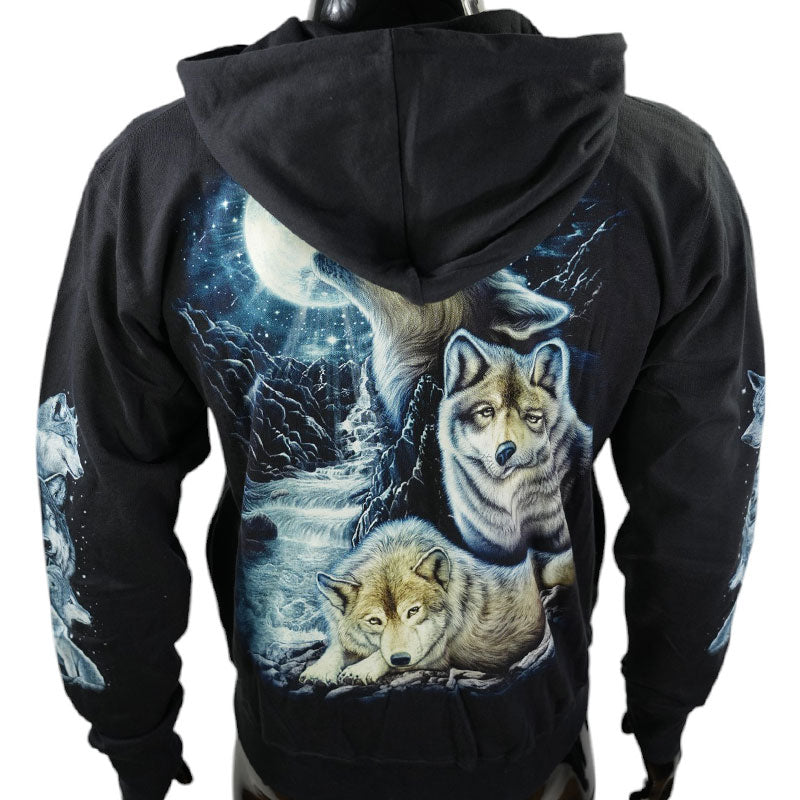 „Moonhowl“ – Schwarzer Hoodie mit Wolf und Vollmond