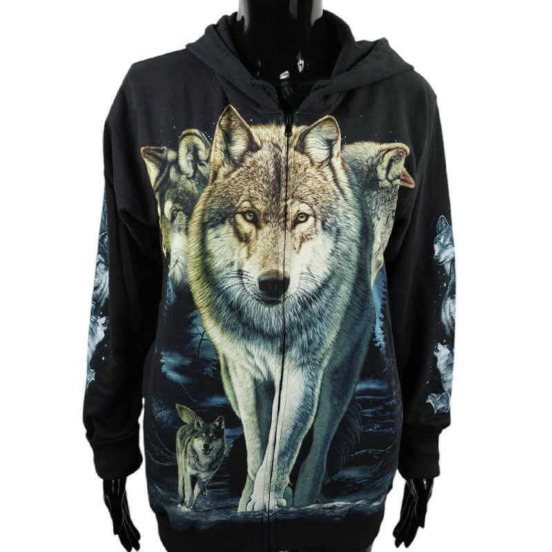 Hoodie „Wolf Pack“ – Schwarzer Zip-Hoodie mit Tiermotiv