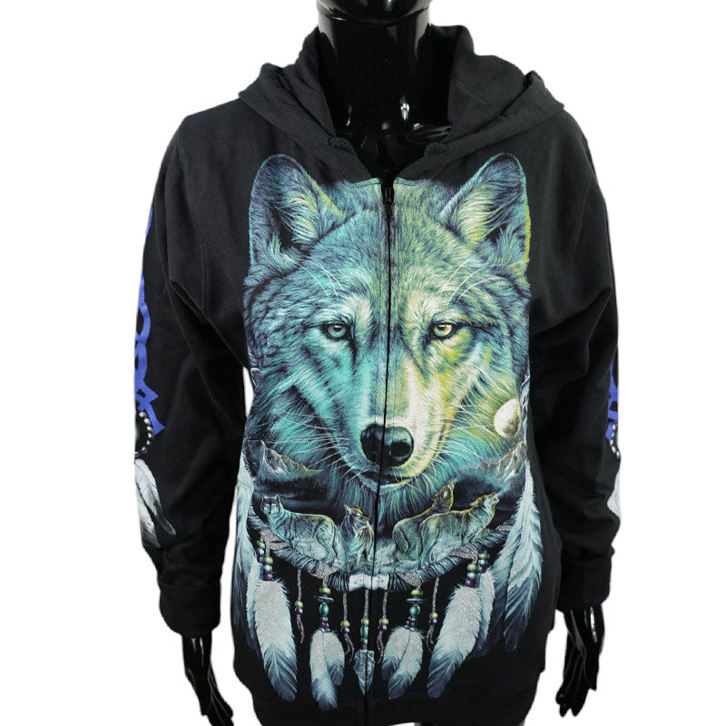 Zip-Hoodie mit Wolfsmotiv und Traumfänger – Ethno Spirit Design