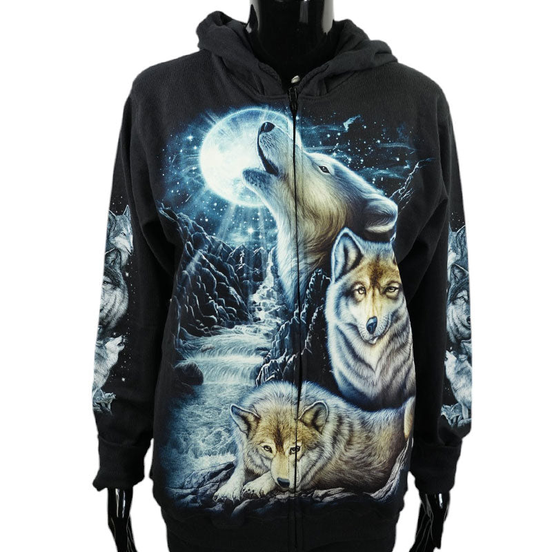 „Moonhowl“ – Schwarzer Hoodie mit Wolf und Vollmond