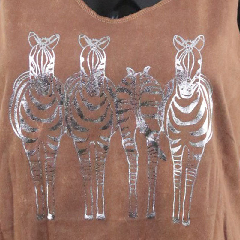 Damen Top 4 Zebras silber auf blau, braun und grün batik