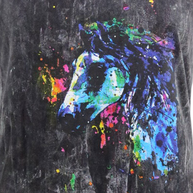 Pferde-Top Schwarz – Buntes Aquarellmotiv