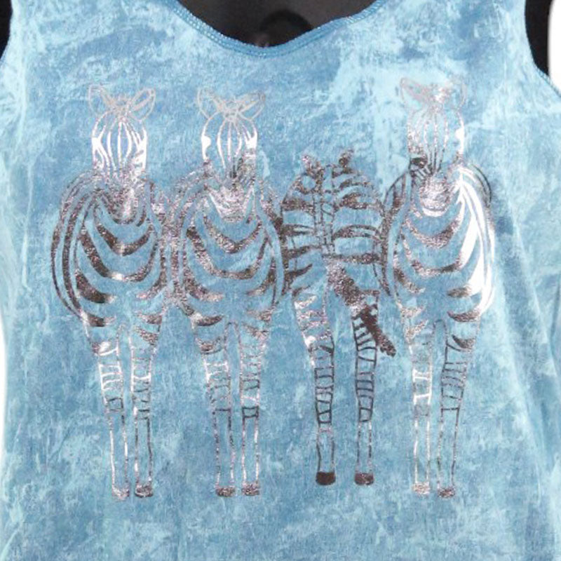 Damen Top 4 Zebras silber auf blau, braun und grün batik