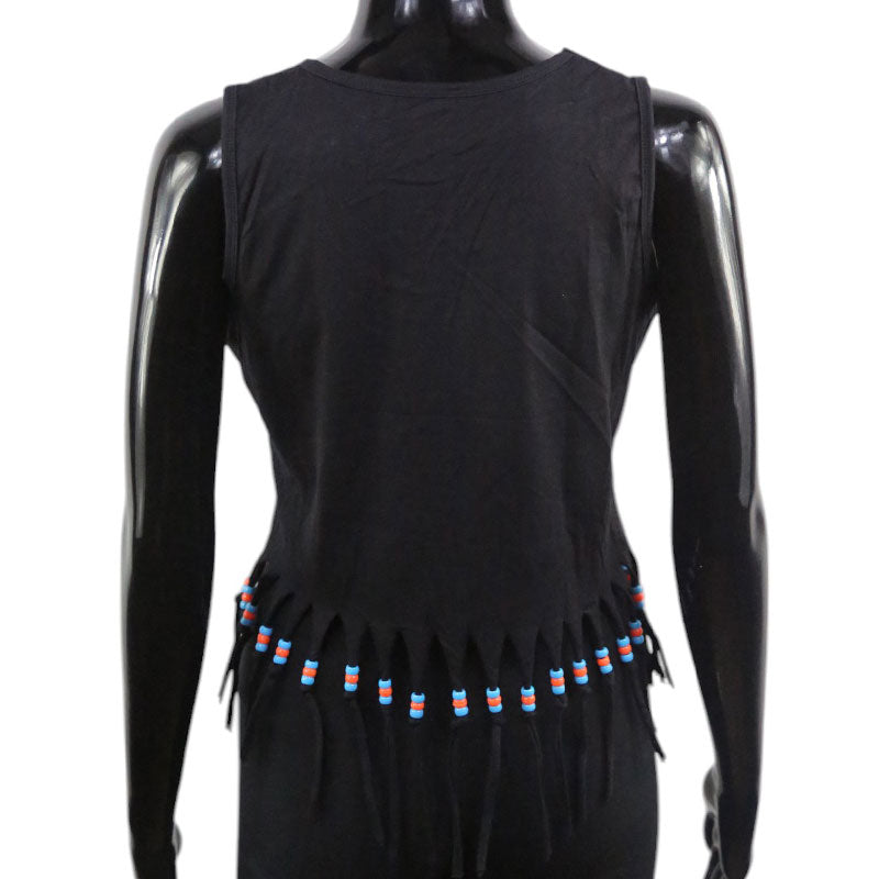 Schwarzes Boho Crop Top mit Lebensbaum-Print und Fransen für Damen