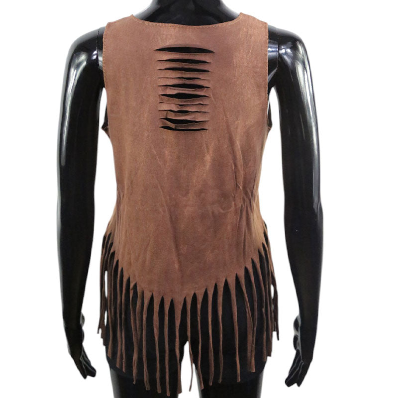 Damen Boho Fransen-Top – Braun mit weißen Katzen
