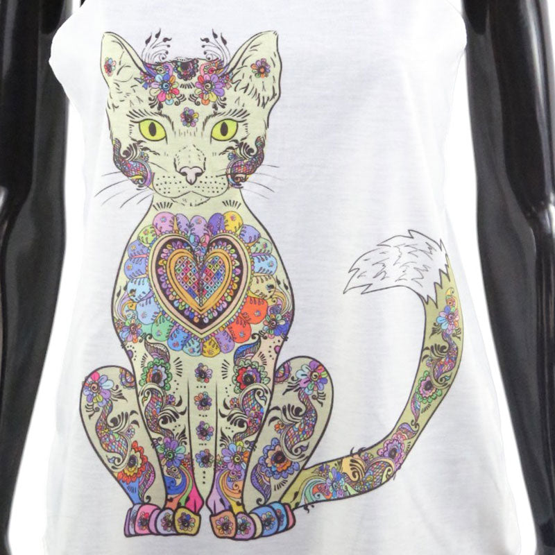 Katzen Top Weiß – Buntes Mandala Design für Katzenliebhaberinnen