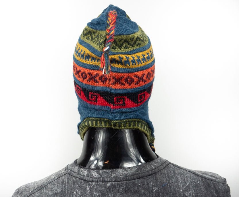 Alpaka Mütze 2in1 (Chullo) Denim Blau mit diversen farbigen Mustern