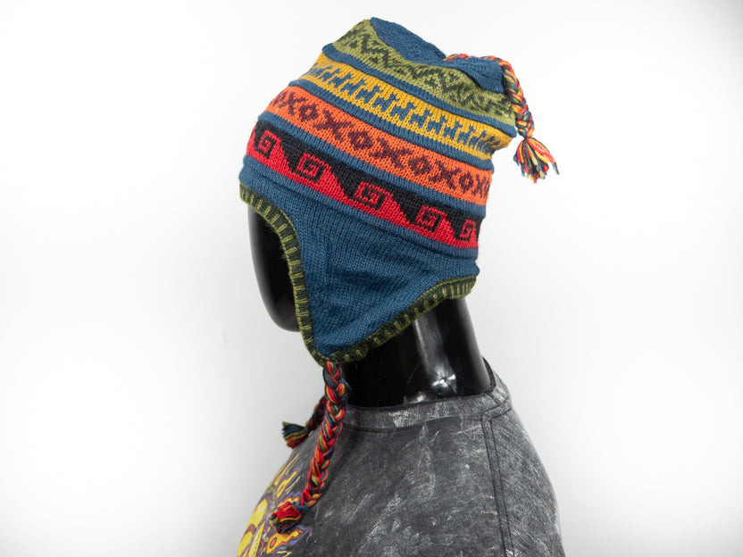 Alpaka Mütze 2in1 (Chullo) Denim Blau mit diversen farbigen Mustern