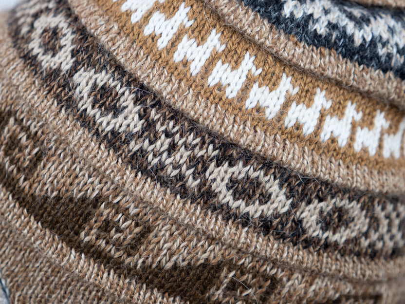 Alpaka Mütze 2in1 (Chullo) braun beige marmoriert mit diversen hell und dunkle Mustern