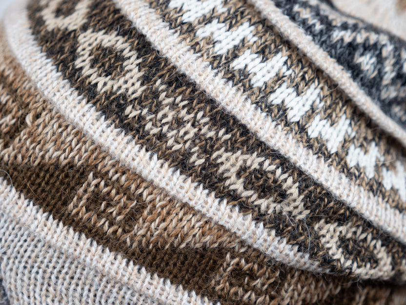Alpaka Mütze 2in1 (Chullo) beige marmoriert mit diversen Mustern